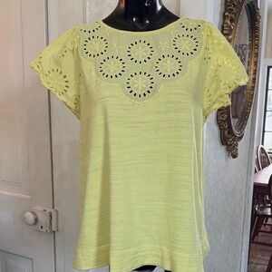 Loft Lemon Yellow Short Flutter Sleeve 100% Cotton Top Cut Out Details Large
